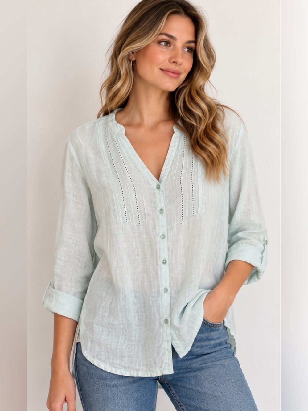 177 Eileen Fisher 100% Irish Linen Mint Green Pintuck Button Front Tunic Top M
